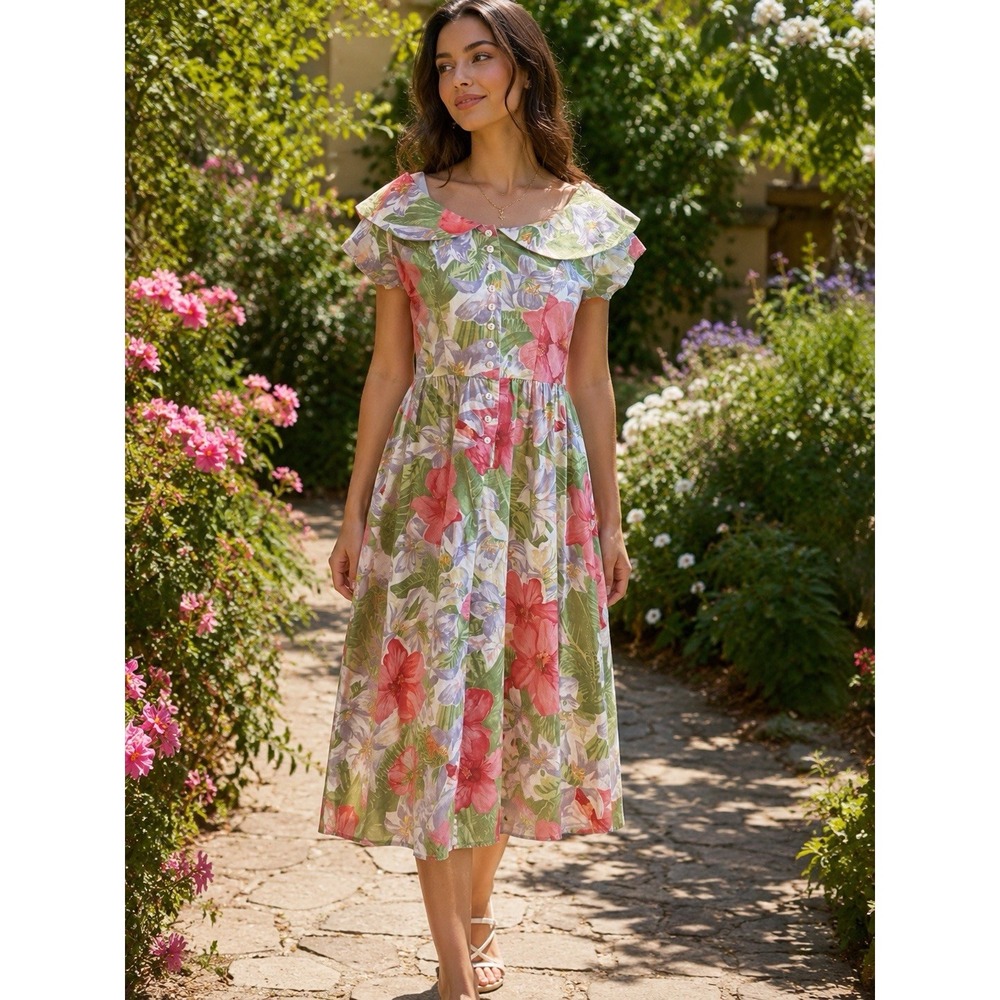 Vintage 80s/90s Dawn Joy Floral Cottagecore Midi Dress Trad Wife Small